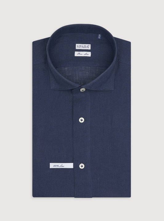 Camicia collo francese in lino tinta unita-0