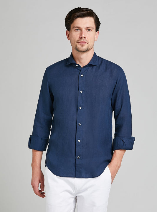 Camicia collo francese in lino tinta unita-1
