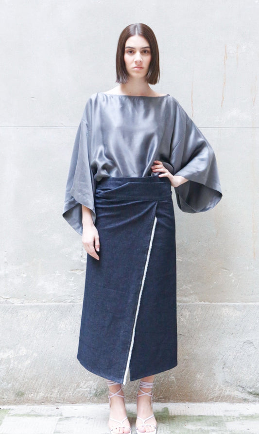 Recycled Cotton Denim Wrap Midi Skirt-1