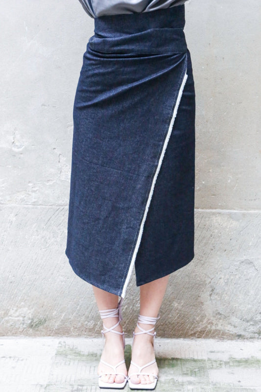 Recycled Cotton Denim Wrap Midi Skirt-0