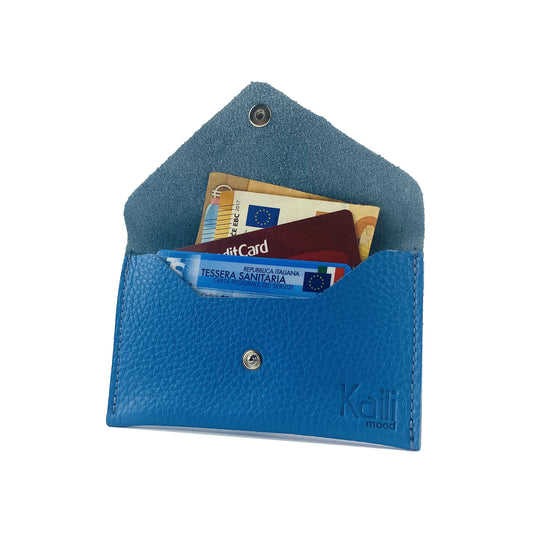 K0040OB | Bustina con pattina Made in Italy in Vera Pelle pieno fiore, grana dollaro - Colore Azzurro - Dimensioni: cm 13 x 8 x 0,5 - Confezione: Gift Box rigido fondo/coperchio-0